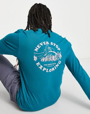 The North Face Exploring Circle back print long sleeve t-shirt in teal Exclusive at ASOS
