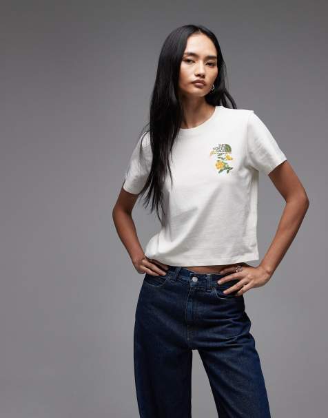 The North Face Flora Embroidered Logo t-shirt in off white
