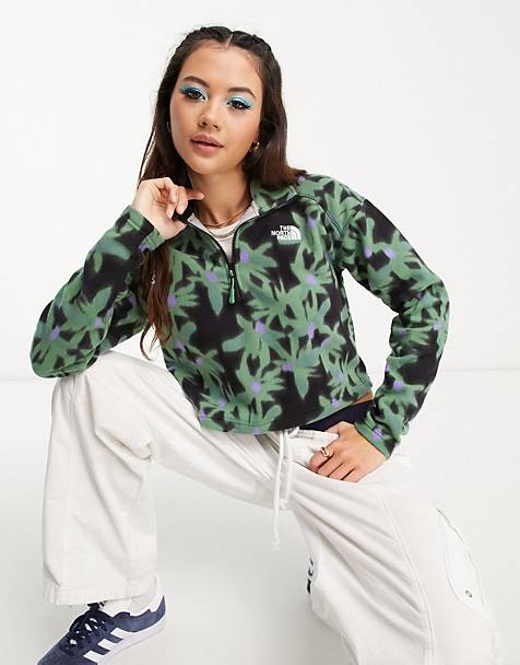 The North Face Glacier 1/4 zip cropped fleece in green flower print Exclusive at ASOS