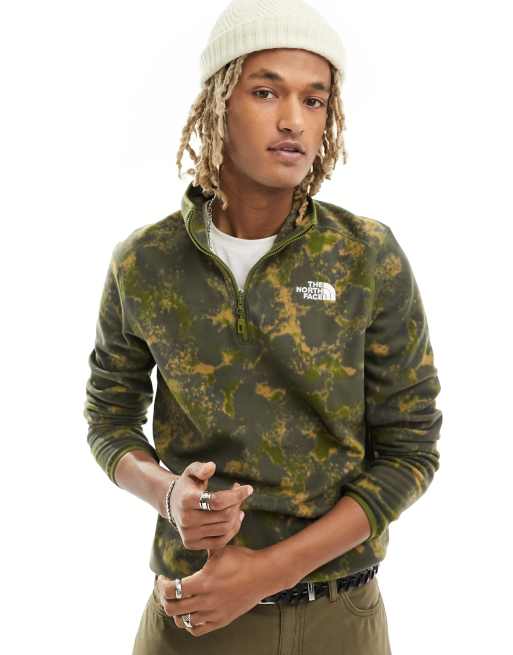 The North Face Glacier 1 4 zip logo fleece in green moss camo print