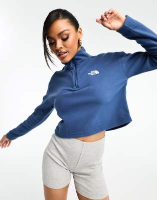 The North Face - Glacier 100 - Fleece-Sweatshirt in Blau mit kurzem Schnitt und 1/4-Reißverschluss-Rosa