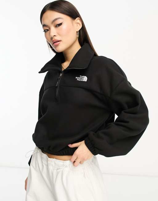  The North Face – Glacier – Kastiges Fleece-Sweatshirt in Schwarz mit weitem Kragen und kurzem Reißverschluss, exklusiv bei ASOS