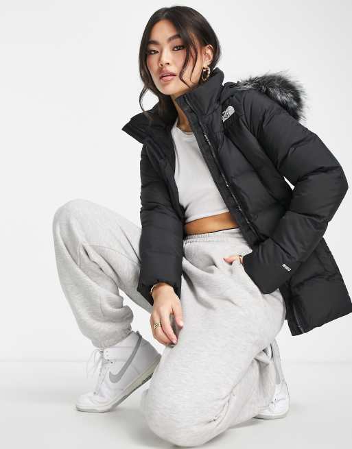 North face on sale faux fur coat