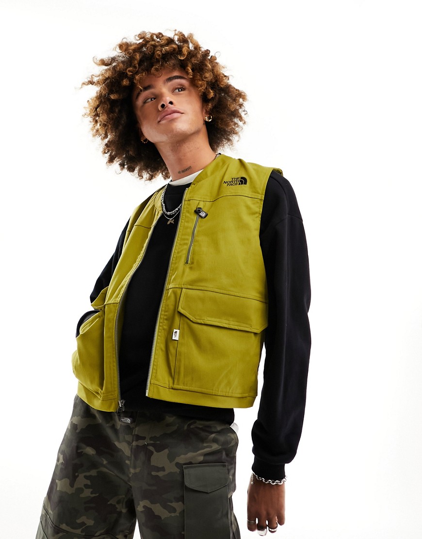 The North Face Heritage cotton zip up utility vest in khaki-Green