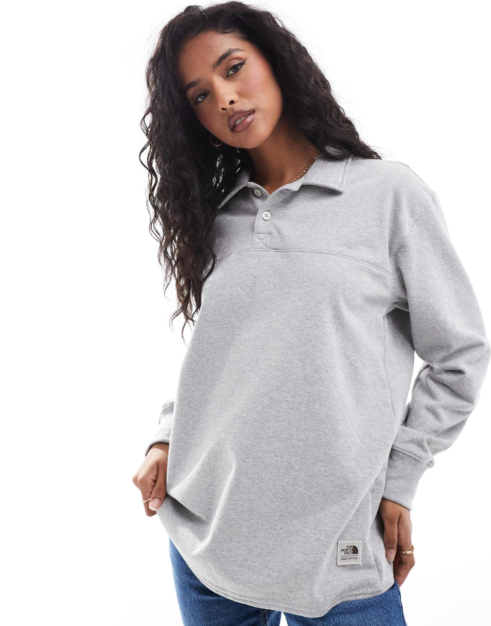 the north face heritage long sleeve rugby t-shirt in light gray
