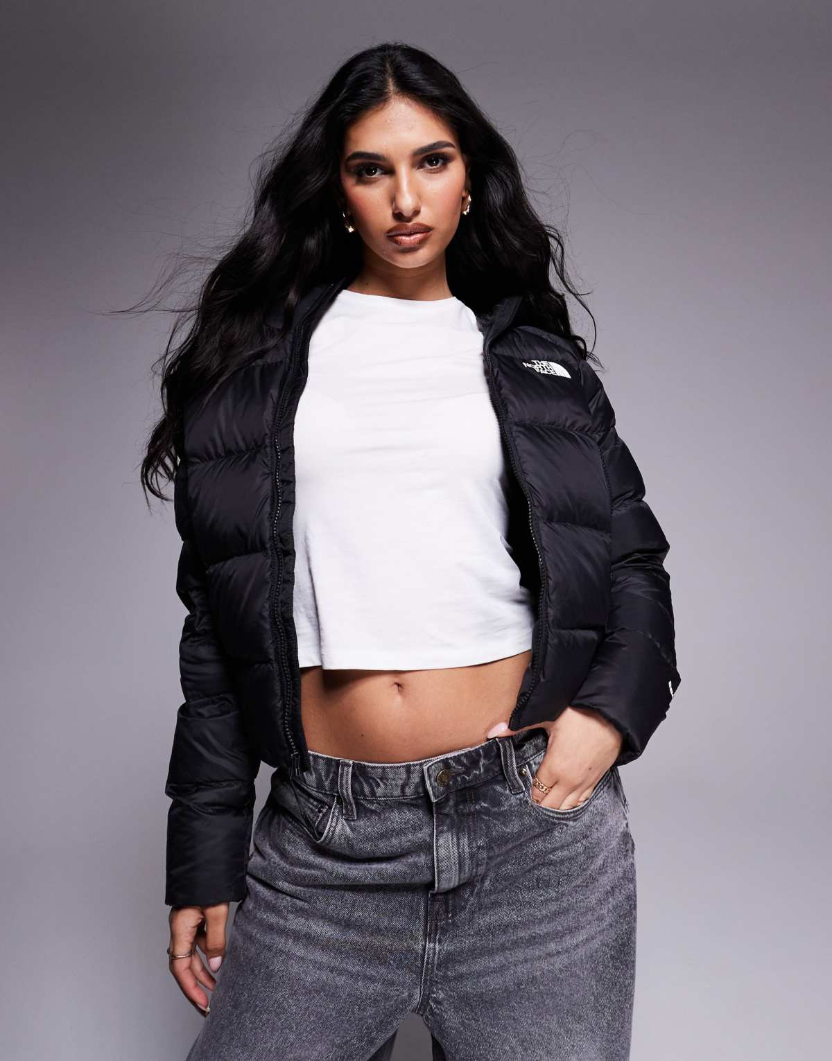 The North Face Hyalite down hooded puffer jacket in black