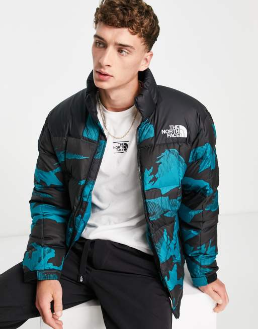 The North Face Lhotse down puffer jacket in teal mountain peak print | ASOS