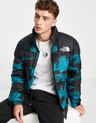 The North Face Lhotse down puffer jacket in teal mountain peak print