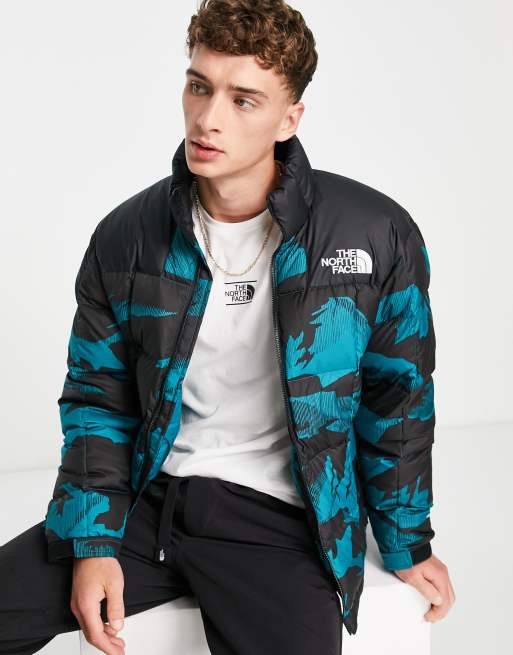 The North Face - Lhotse - Gewatteerd donsjack in groenblauw met print van bergtoppen