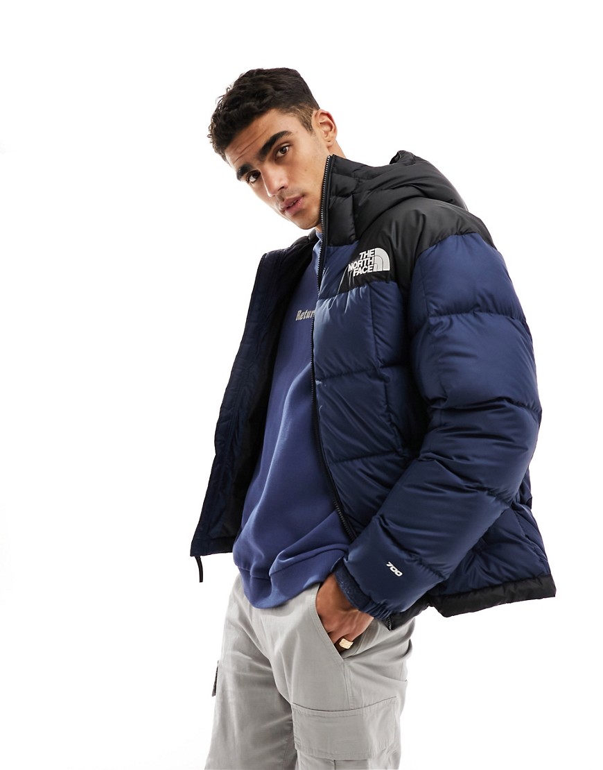 The North Face Lhotse hooded down puffer jacket in navy and black