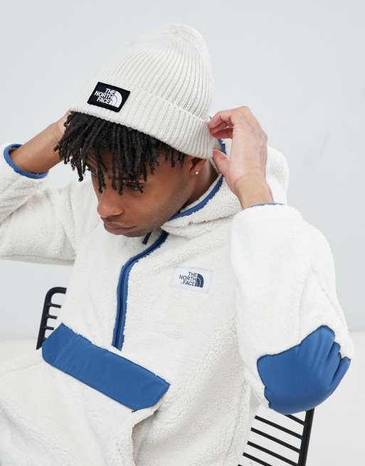 The North Face Logo Box Cuffed Beanie Hat in White