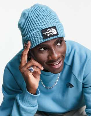 The North Face Logo Box Cuffed beanie in blue