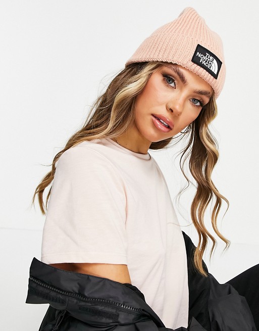 The North Face Logo Box Cuffed beanie in light pink