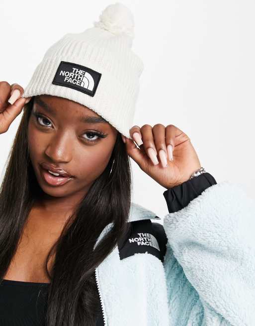 The North Face Logo Box Pom beanie in white