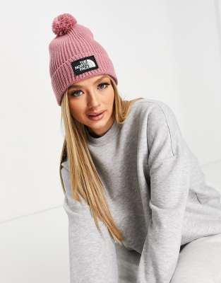 The North Face Logo Cuffed Pom beanie in pink