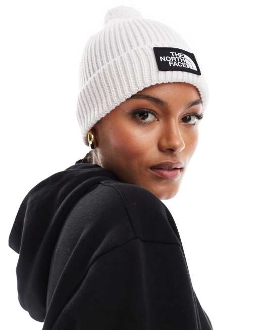 The North Face Logo Patch bobble hat in off white | ASOS