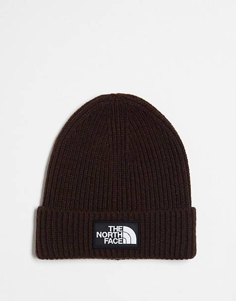 The North Face Logo patch cuffed beanie in brown