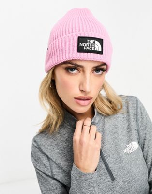 The North Face Logo patch cuffed beanie in pink