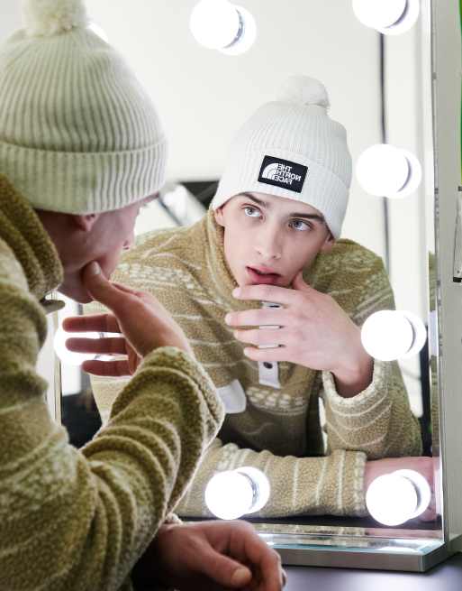 The North Face Logo pom beanie in cream