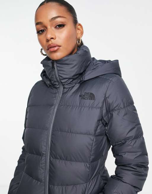 The North Face Metropolis hooded down parka coat in gray