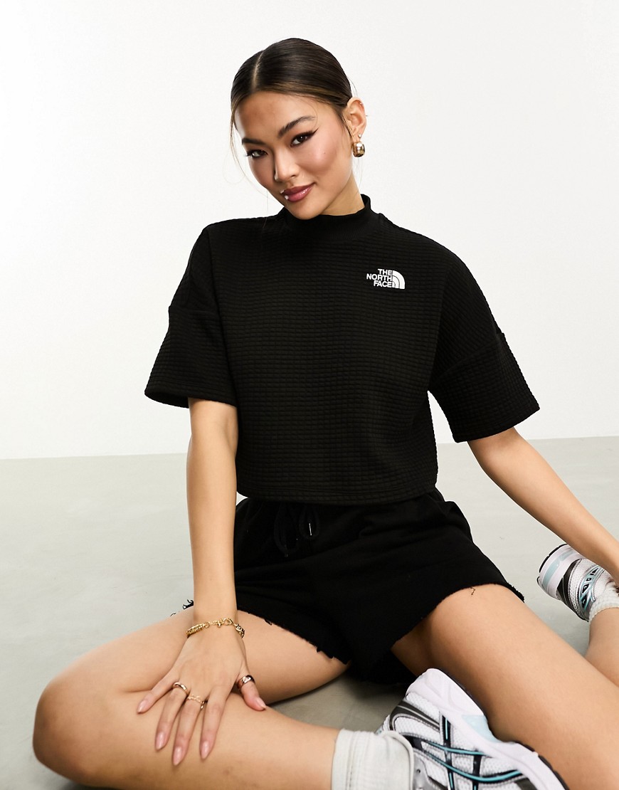 The North Face Mhysa waffle fleece high neck cropped sweat in black