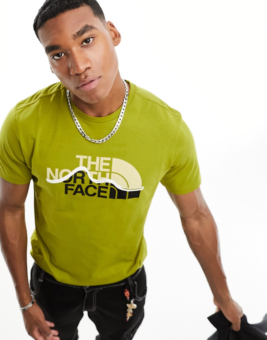 The North Face Mountain Line chest print t-shirt in khaki-Green