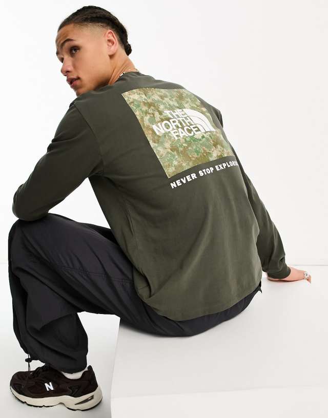 The North Face NSE long sleeve camo back print t-shirt in khaki