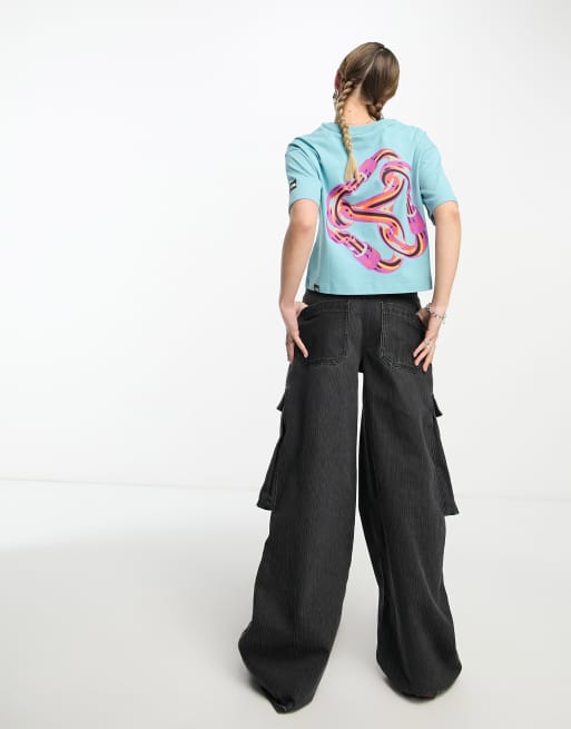 The North Face – NSE – Schweres, kastiges Oversize-T-Shirt in Blau mit Karabiner-Grafikprint auf dem Rücken