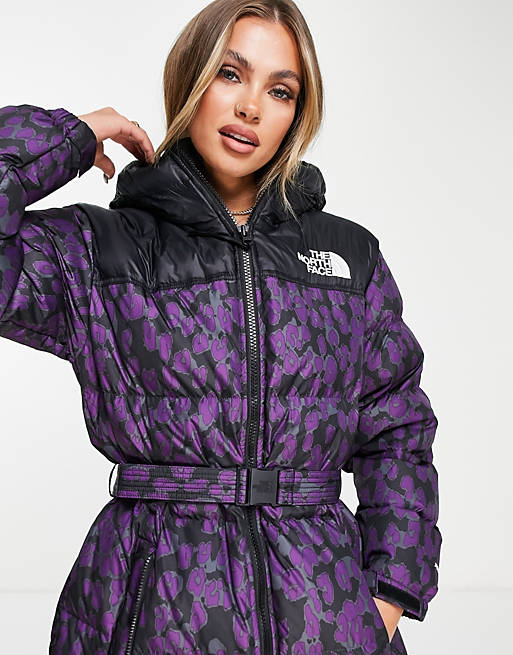 The North Face Nuptse belted leopard print mid puffer jacket in purple