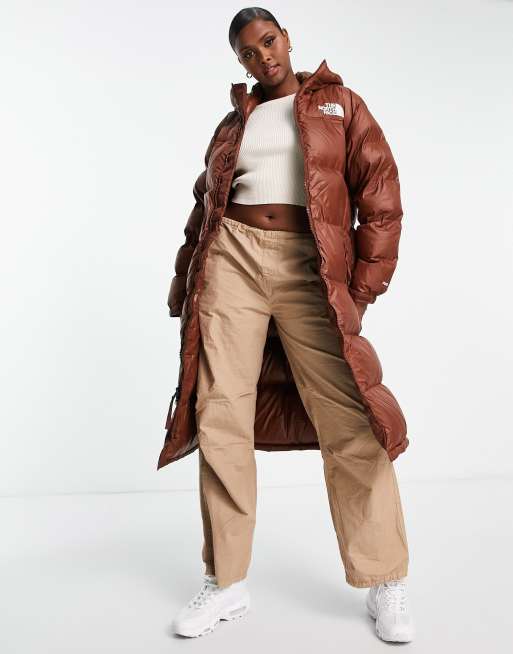 The North Face Nuptse belted long down parka coat in brown ASOS