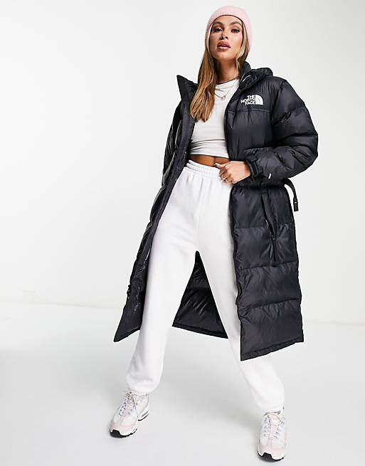 The North Face Nuptse Belted long puffer coat in black | ASOS