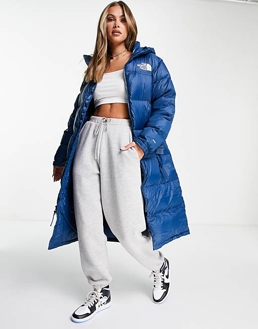 The North Face Nuptse Belted long puffer coat in blue | ASOS