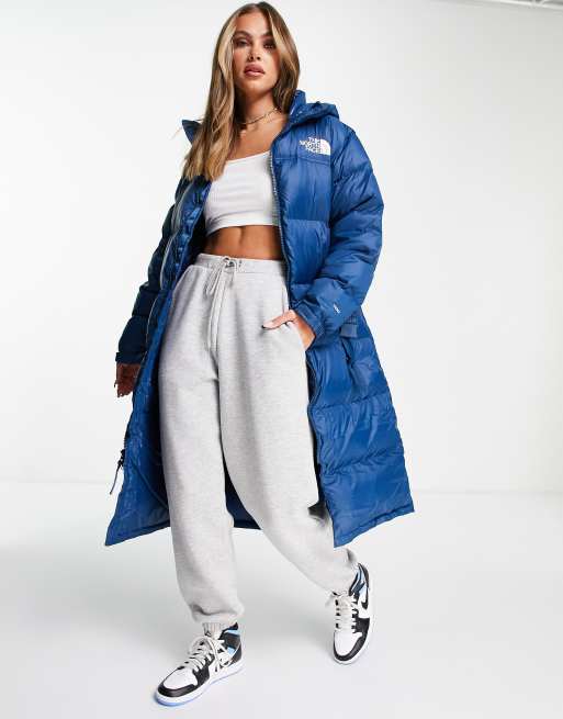 The North Face Nuptse Belted Long Puffer Coat In Blue Asos