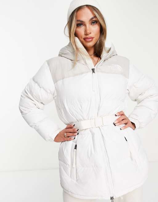 White belted puffer clearance coat