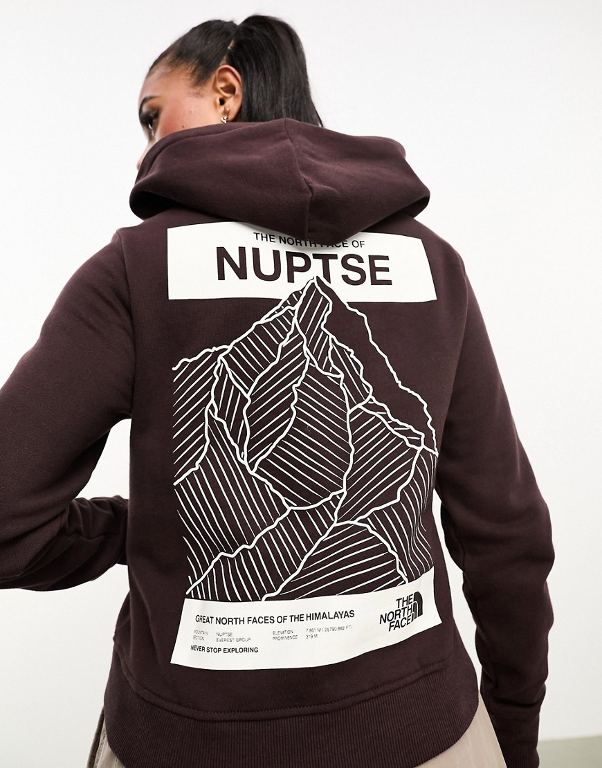 The North Face Nuptse cropped back print fleece hoodie in brown