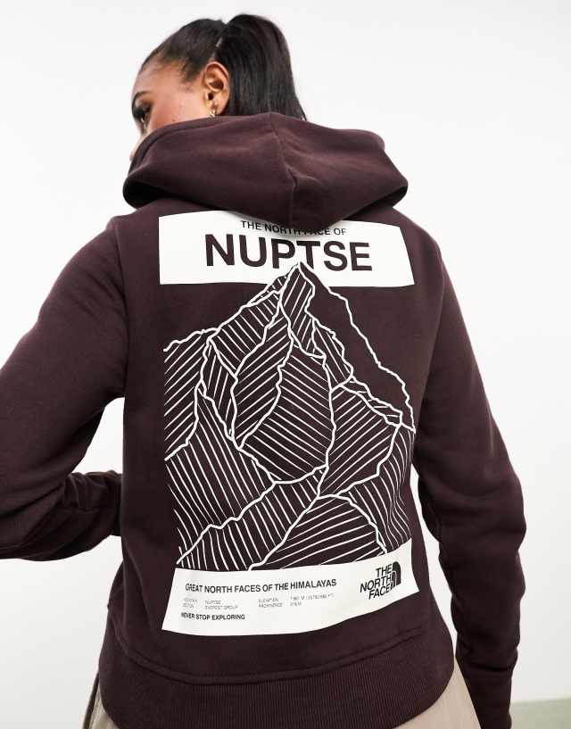 The North Face - nuptse cropped back print fleece hoodie in brown