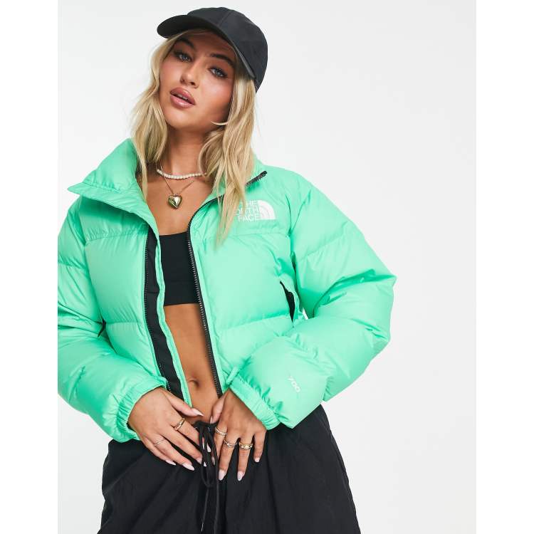 The North Face Nuptse cropped down jacket in bright green | ASOS