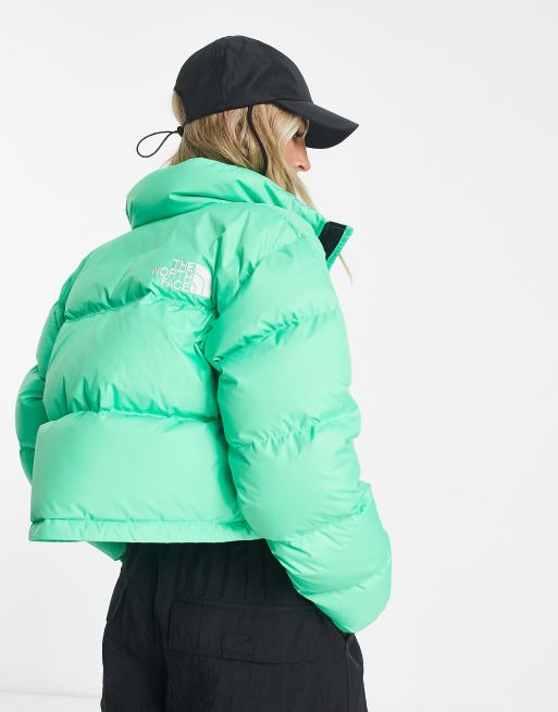 The North Face Nuptse cropped down jacket in bright green | ASOS
