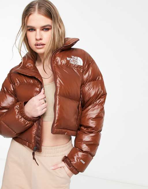 The North Face Nuptse Cropped Down Jacket In Brown Asos