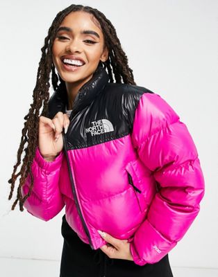 The North Face Nuptse cropped down jacket in pink and black | ASOS