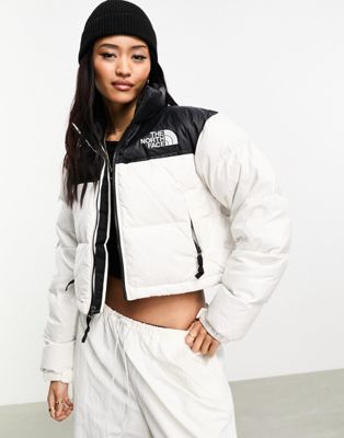 The North Face Nuptse cropped down puffer jacket in cream and black