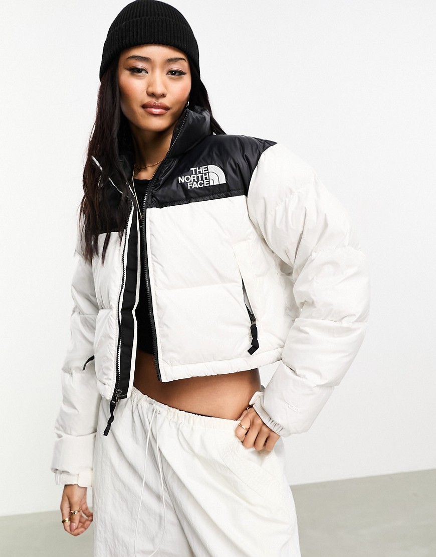 The North Face Nuptse cropped down puffer jacket in cream and black-White