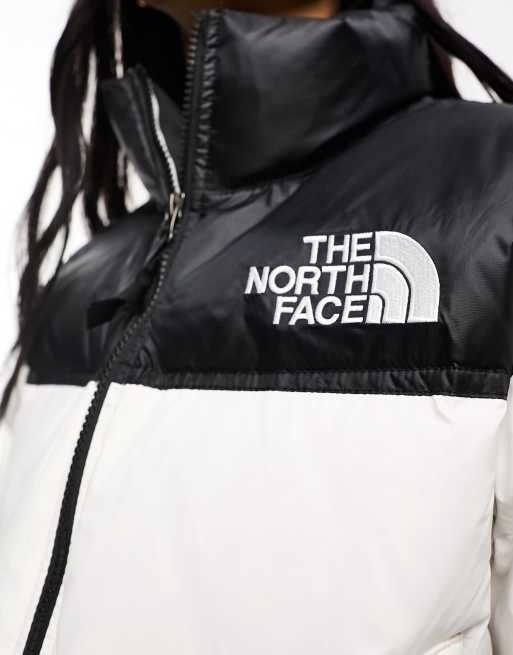 The North Face Nuptse cropped down puffer jacket in cream and black