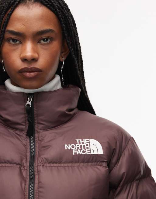 The North Face Nuptse cropped down puffer jacket in dark brown ASOS