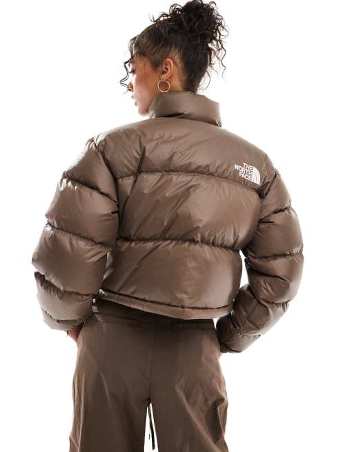 The North Face Nuptse cropped down puffer jacket in smokey brown ASOS