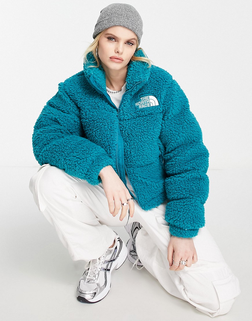 The North Face Nuptse cropped high pile down jacket in harbor blue