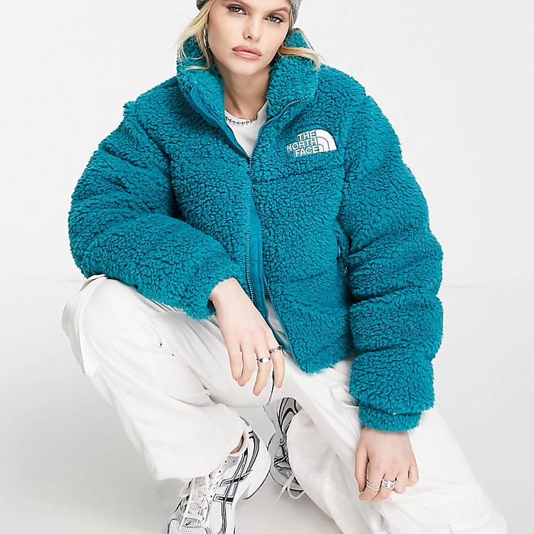 The North Face Nuptse cropped high pile down jacket in harbor blue
