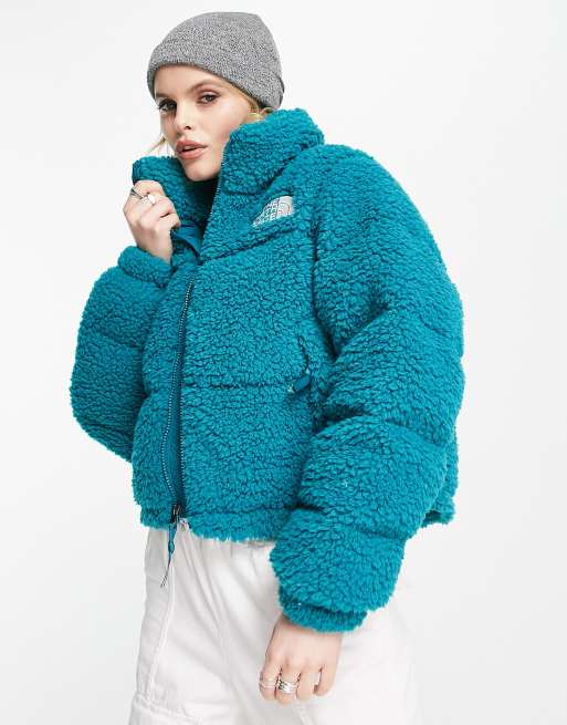 The North Face Nuptse cropped high pile down jacket in harbor blue | ASOS