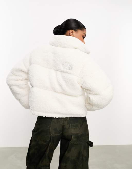 The North Face Nuptse cropped high pile down jacket in off white | ASOS