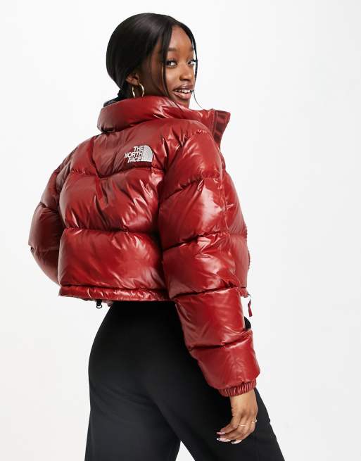 The North Face Nuptse cropped jacket in burgundy